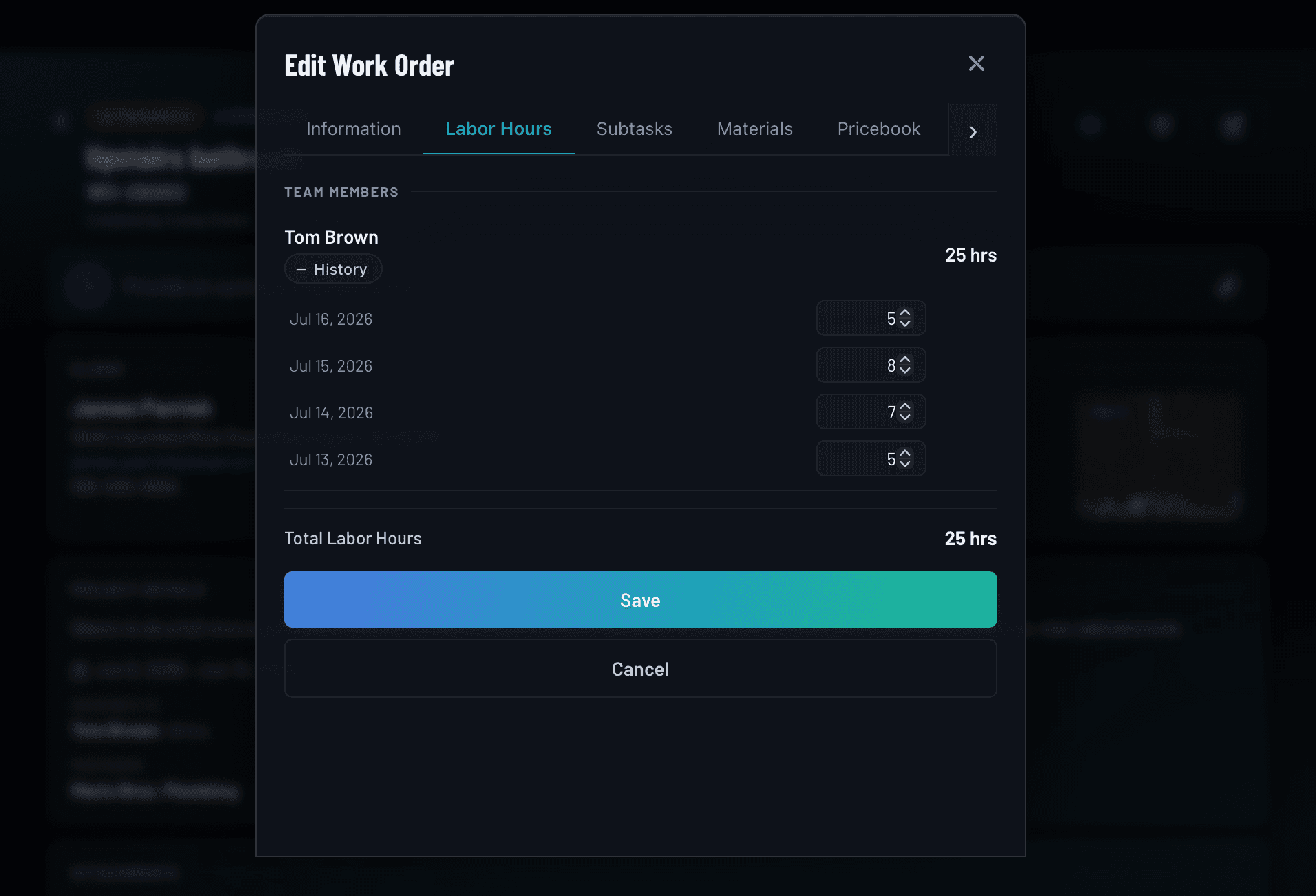 Team member logging hours on a work order in IRONGRID