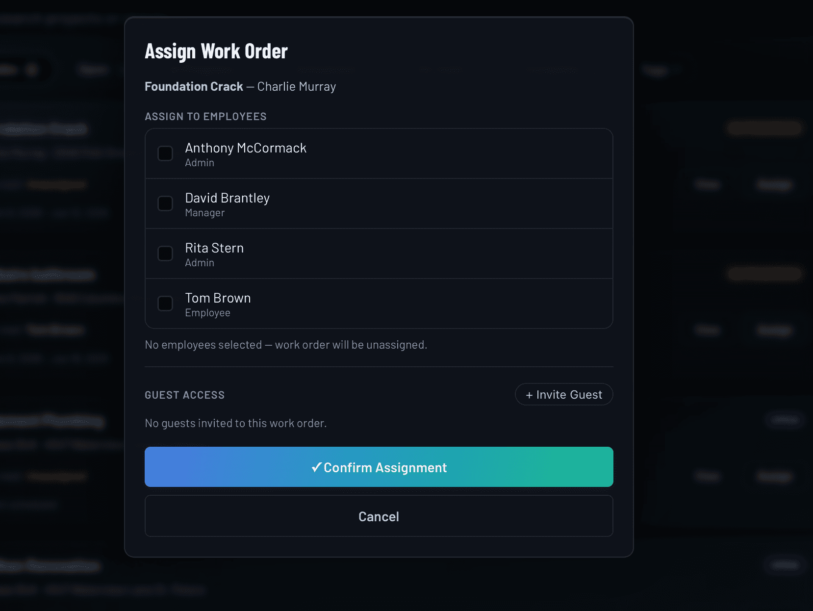 IRONGRID crew assignment panel showing team members being assigned to a work order