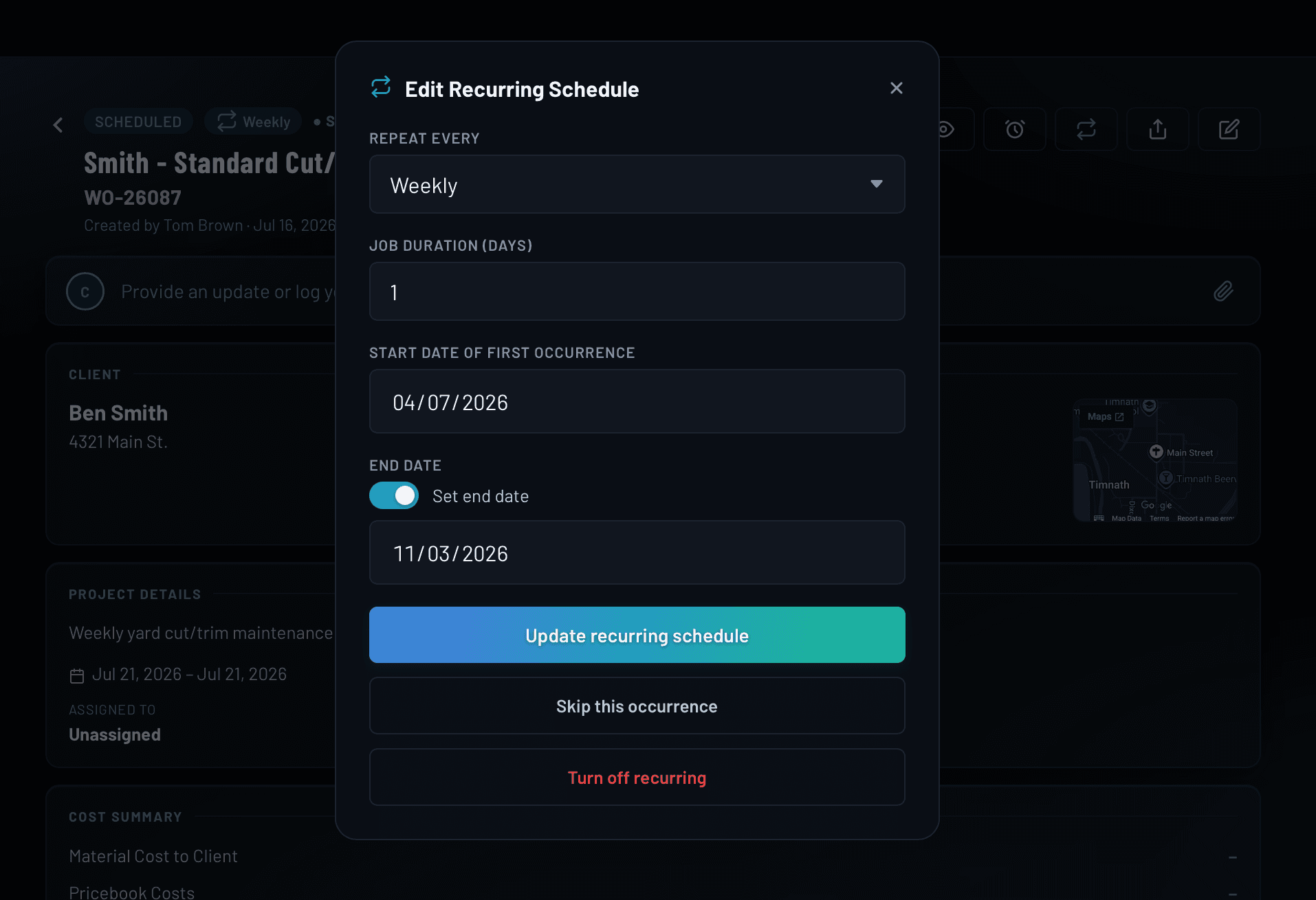 IRONGRID recurring work order settings showing frequency options and upcoming schedule