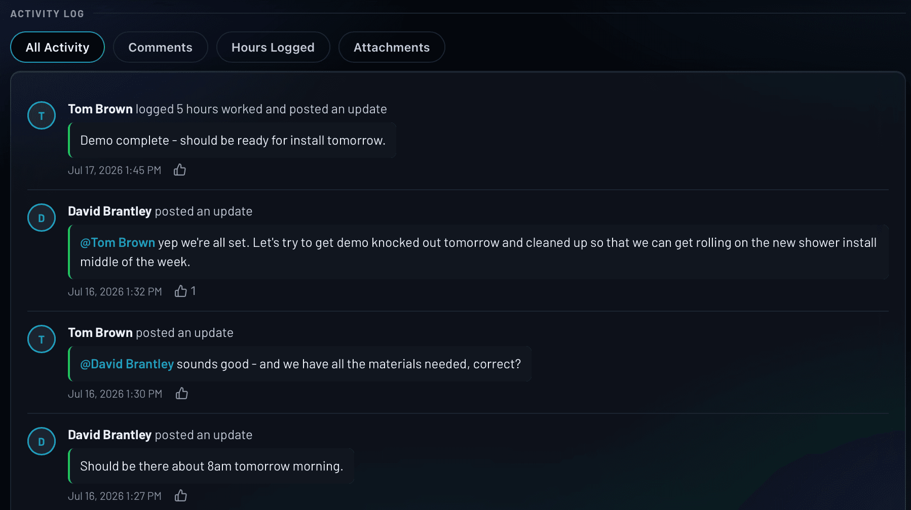 IRONGRID activity log showing real-time field updates, hours logged, and photo attachments